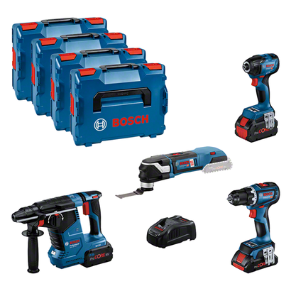 Combi-kit 4 outils 18V : GSR 18V-90C + GDR 18V-210C + GBH 18V-24C + GOP 18V-28 + 1 batterie 4,0 Ah (ProCORE) + 2 batteries 5,5 Ah (ProCORE) + GAL 1880CV (L)