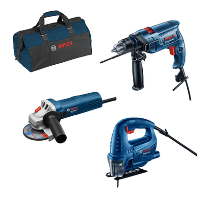 Bosch - GSB 550 + GWS 750-125 + GST 700 + 1619BZ0100 - Taladro de  percusión, 550 W, 13 mm + Amoladora angular, 750 W, 125 mm + Sierra de  péndulo, 500 W + Bolsa de herramientas textil, 480x280x300 mm,   - Tienda online de herramientas eléctricas