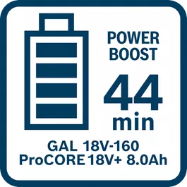  Durée de charge de la ProCORE18V 8.0Ah avec le chargeur GAL 18V-160 en mode Power Boost (charge complète)