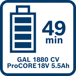  Batteriet ProCORE18V 5.5Ah er fuldt opladet efter 49 minutter med GAL1880 CV