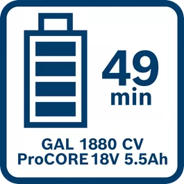  Batteriet ProCORE18V 5.5Ah er fuldt opladet efter 49 minutter med GAL1880 CV