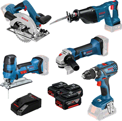 Profesionalni komplet: AKU vrtalni vijačnik GSR 18V-28 + AKU kotni brusilnik GWS 18-125 V-LI + AKU sabljasta žaga GSA 18 V-LI + AKU krožna žaga GKS 18V-LI + AKU vbodna žaga GST 18V-LI S + 3x GBA 18V 4.0Ah + GAL 1860CV + torba